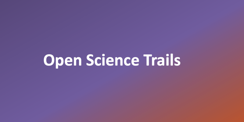 Teksti: "Open Science Trails" purppuran ja oranssin värisellä taustalla.