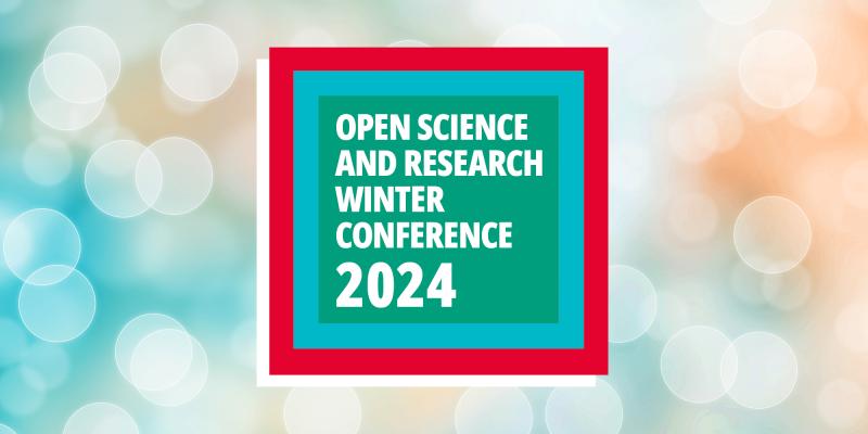 Poster for the Open Science and Research Winter Conference 2024. The design features a colorful background with circles in shades of blue, turquoise, and beige, with a bold green text box in the center announcing the event's title and year.