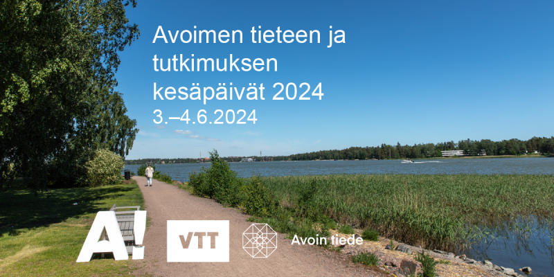Foto på en promenadväg vid stranden i somrigt landskap. På bilden finns arrangörernas logotyper och texten "Sommardagarna i öppen vetenskap 2024. 3-4 juni 2024" på finska.