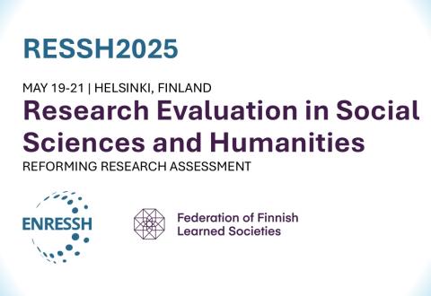 Kuvituskuva, jossa lukee RESSH2025. Research evaluation in social sciences and humanities. May 19-21, Helsinki, Finland. ENRESSH:n ja TSV:n logot.